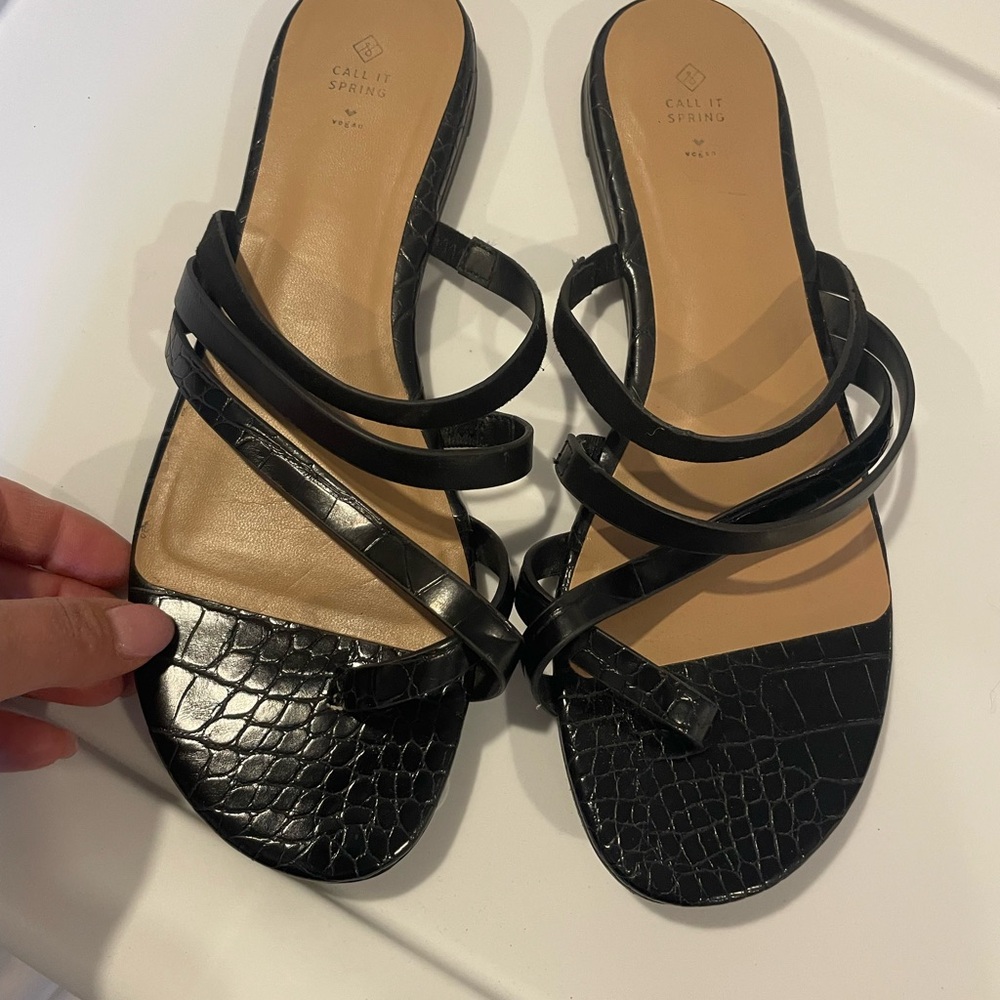Call It Spring Black Croc-Effect Strappy Slide Sandals